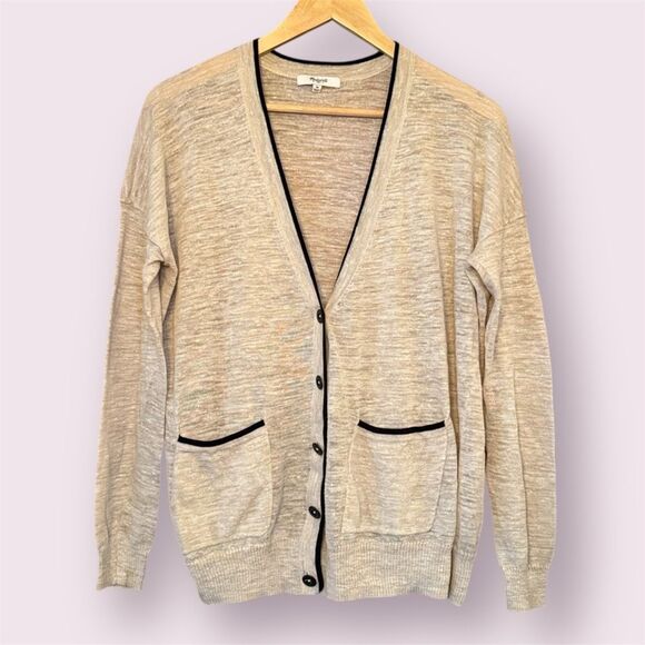 MADEWELL Linen Blend Contrast Trim V-Neck Lightweight Cardigan - Picture 1 of 8